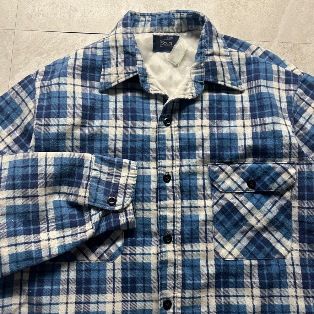 Sears Quilted Lined Flannel Shirt Blue Plaid Mens Large Vintage Workwear Jacket